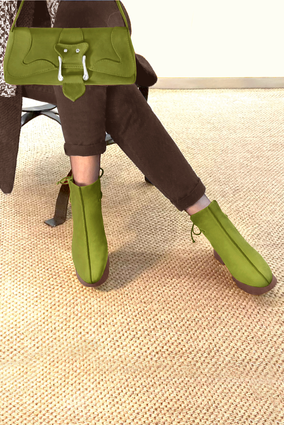 Pistachio green women's ankle boots with laces at the back. Round toe. Low rubber soles. Top view - Florence KOOIJMAN